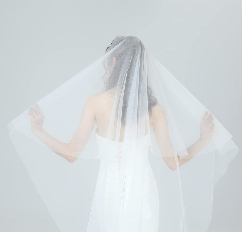 BEAUTELICATE Bridal Wedding Veil 1 Tier For Women Cut Edge Knee Chapel Length With Comb Ivory White - Image 4
